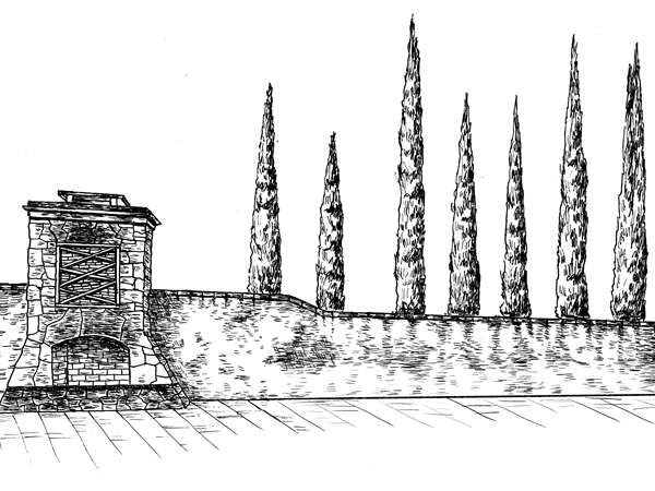A simple line drawing of the exterior courtyard featuring a fireplace and pine trees rising above the courtyard wall.