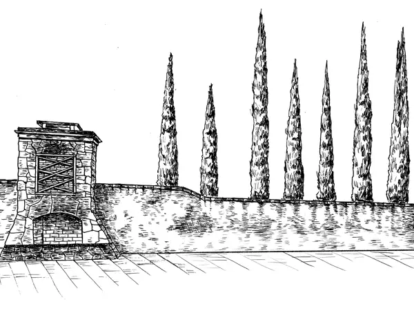 A simple line drawing of the exterior courtyard featuring a fireplace and pine trees rising above the courtyard wall.